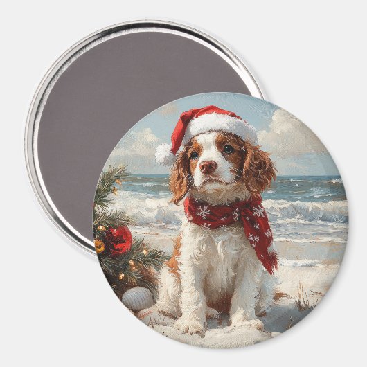 Springer Spaniel Hond Kerstmis Vintage Strand Magneet (Voorkant / Achterkant)