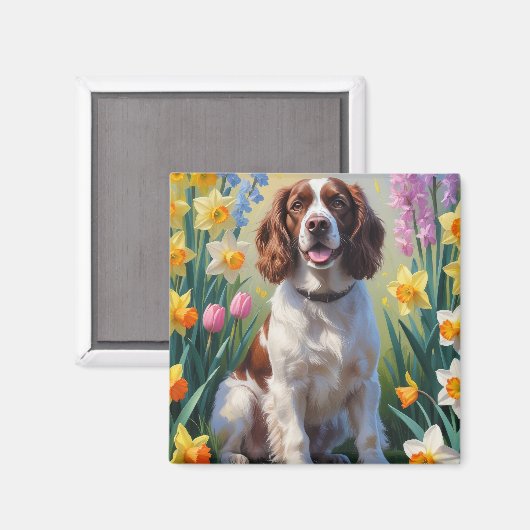 Springer Spaniel Hond Lente Bloemen Schilderij  Magneet (Voorkant / Achterkant)