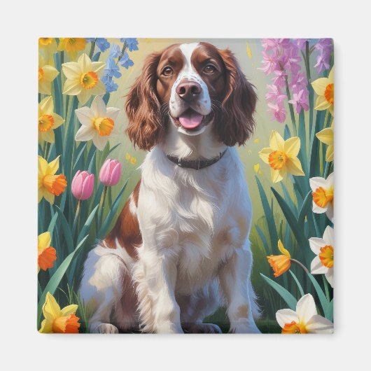 Springer Spaniel Hond Lente Bloemen Schilderij Magneet (Voorkant)