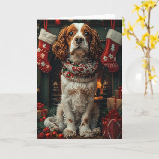 Springer Spaniel-hond met kerstcadeau-haard Kaart (Gele Bloem)