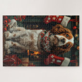 Springer Spaniel-hond met kerstcadeau-haard Legpuzzel (Horizontaal)