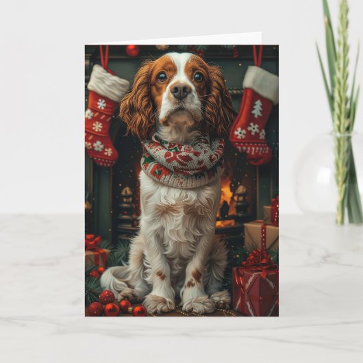 Springer Spaniel Hond Met Kerstcadeau Open haard Kaart (Voorkant)