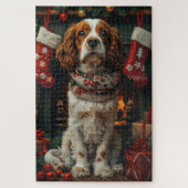 Springer Spaniel Hond Met Kerstcadeau Open haard Legpuzzel (Verticaal)