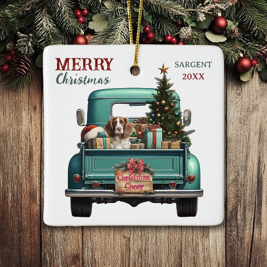 Springer Spaniel Hond Retro Truck Kerstmis Keramisch Ornament