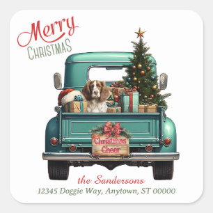 Springer Spaniel Hond Retro Truck Kerstmis Vierkante Sticker