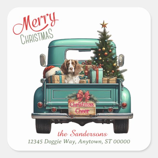 Springer Spaniel Hond Retro Truck Kerstmis Vierkante Sticker (Voorkant)