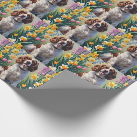 Springer Spaniel Hond Spring Bloemen Schilderen Cadeaupapier (Hoek)