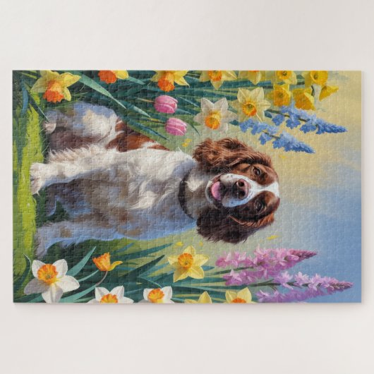 Springer Spaniel Hond Spring Bloemen Schilderen Legpuzzel (Horizontaal)