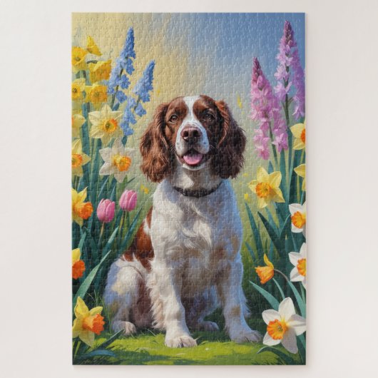 Springer Spaniel Hond Spring Bloemen Schilderen Legpuzzel (Verticaal)