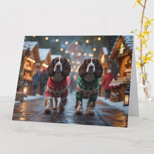 Springer Spaniel Honden Kerstmis Sneeuw Vakantie Kaart (Gele Bloem)
