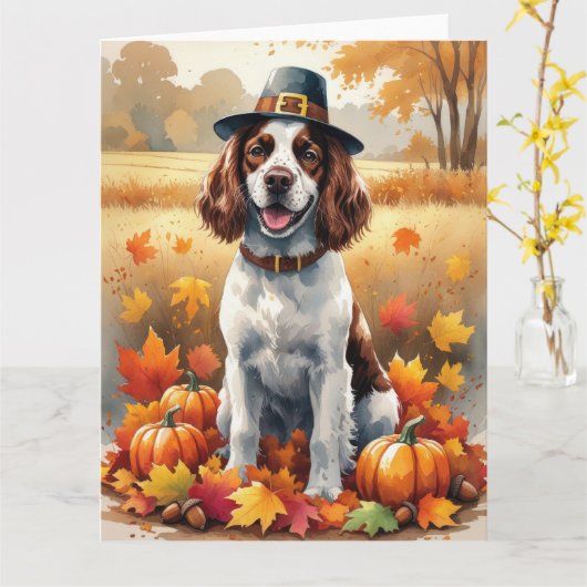Springer Spaniel in de herfst verlaat Thanksgiving Kaart (Gele Bloem)