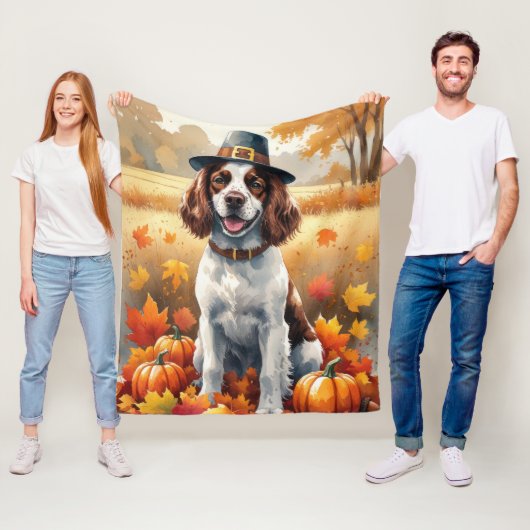 Springer Spaniel in herfstbladeren Thanksgiving Ku Fleece Deken (In situ)