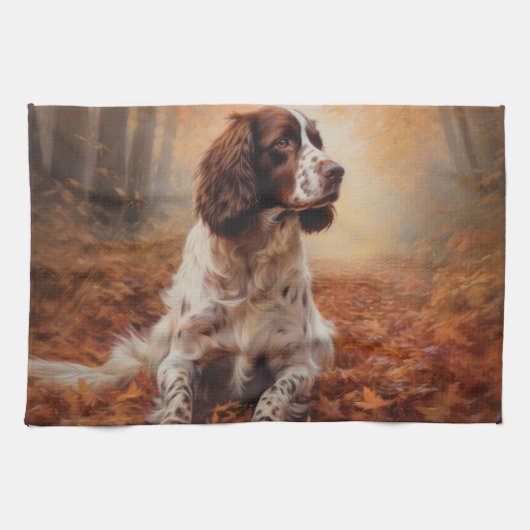 Springer Spaniel in herfstbladeren val inspireert Theedoek (Horizontaal)
