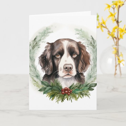 Springer spaniel kerst krans feestelijke pup kaart (Gele Bloem)