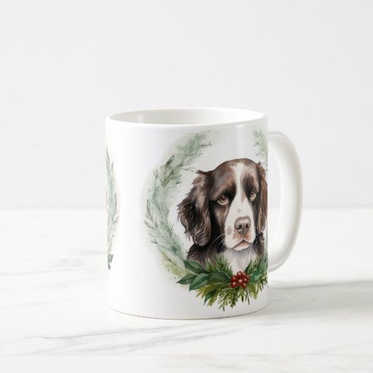 Springer spaniel kerst krans feestelijke pup koffiemok (Voorkant rechts)
