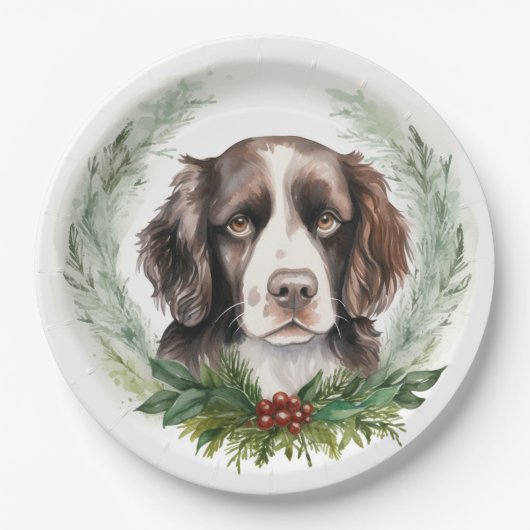 Springer spaniel kerst krans feestelijke pup papieren bordje (Voorkant)