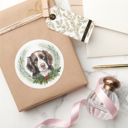 Springer spaniel kerst krans feestelijke pup ronde sticker (Geschenken)