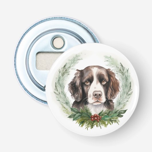 Springer Spaniel Kerst Krans Festieve Pup Button Flesopener (Voorkant)
