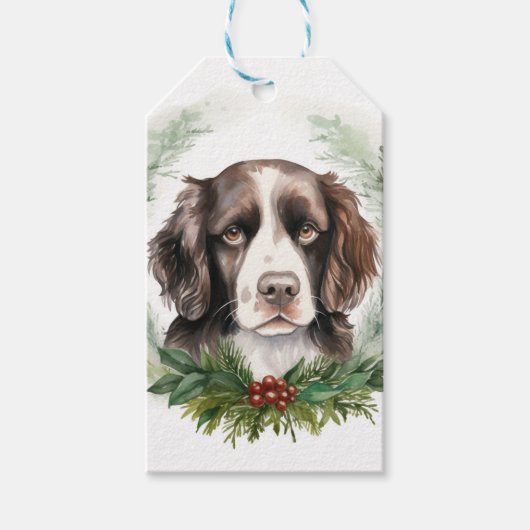 Springer Spaniel Kerst Krans Festieve Pup Cadeaulabel (Voorkant)