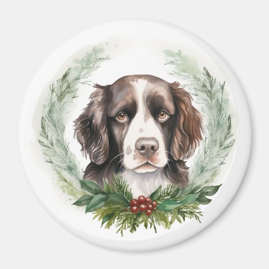 Springer Spaniel Kerst Krans Festieve Pup Magneet (Voorkant)