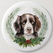 Springer spaniel Kerst Krans Festieve Pup Ronde Button 6,0 Cm (Voorkant)