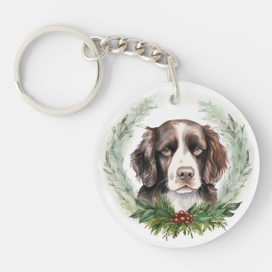 Springer spaniel Kerst Krans Festieve Pup Sleutelhanger (Voorkant)