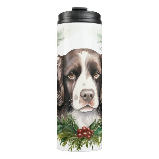 Springer Spaniel Kerst Krans Festieve Pup Thermosbeker (Voorkant)