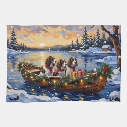Springer Spaniel Kerstboot Vakantie Theedoek (Horizontaal)