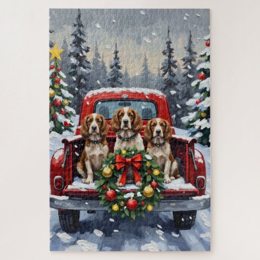 Springer Spaniel Kerstmis Rode Truck Vakantie Legpuzzel (Verticaal)