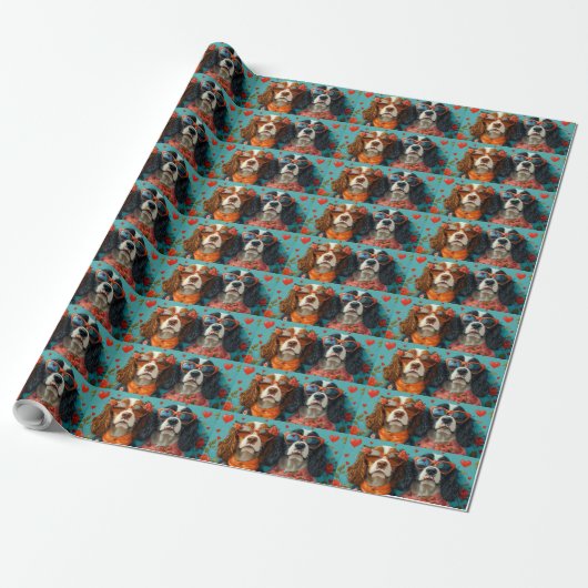 Springer Spaniel met Hartrozen Valentijnsdag Cadeaupapier (Uitgerold)