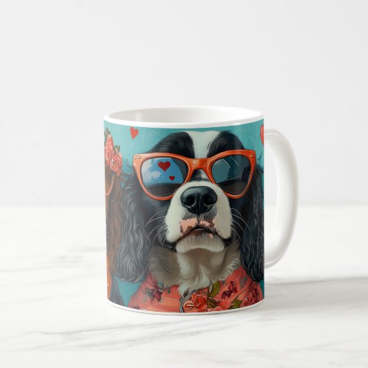 Springer Spaniel met Hartrozen Valentijnsdag Koffiemok (Voorkant rechts)