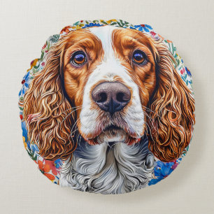 Springer Spaniel met kleurrijke bloemenachtergrond Rond Kussen