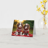 Springer Spaniel Puppies Kerst Kaart (Gele Bloem)