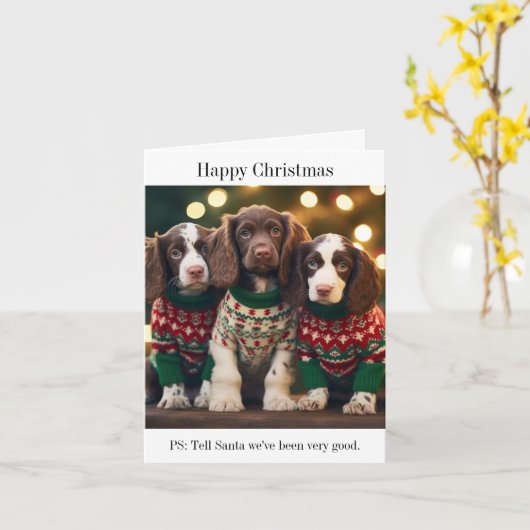 Springer Spaniel Puppies Kerst Kaart (Gele Bloem)
