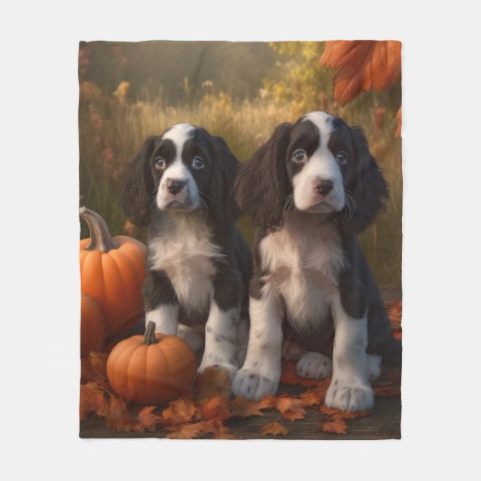 Springer Spaniel Puppy Herfst Delight Pompoen Fleece Deken (Voorkant)