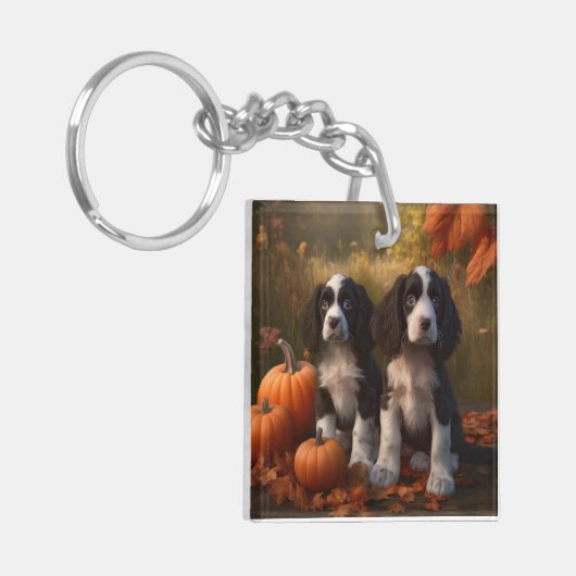 Springer Spaniel Puppy Herfst Delight Pompoen Sleutelhanger (Voorkant Links)