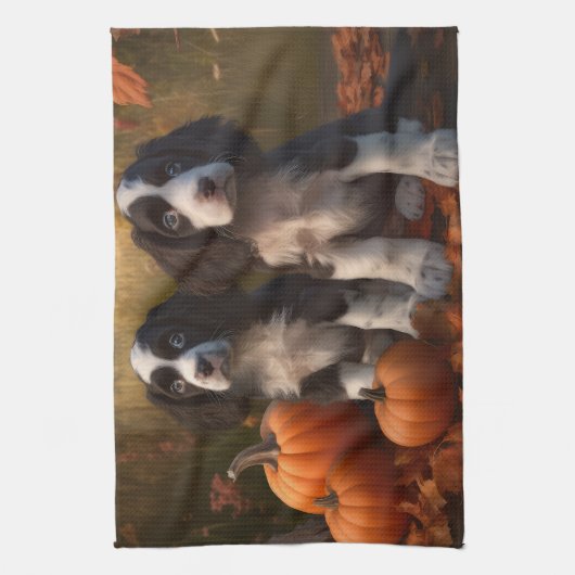 Springer Spaniel Puppy Herfst Delight Pompoen Theedoek (Verticaal)