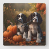 Springer Spaniel Puppy Herfst Delight Pompoen Vierkante Klok (Voorkant)