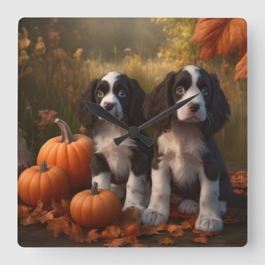 Springer Spaniel Puppy Herfst Delight Pompoen Vierkante Klok (Voorkant)