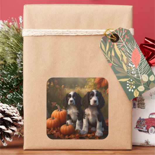 Springer Spaniel Puppy Herfst Delight Pompoen Vierkante Sticker (Feestdagen)