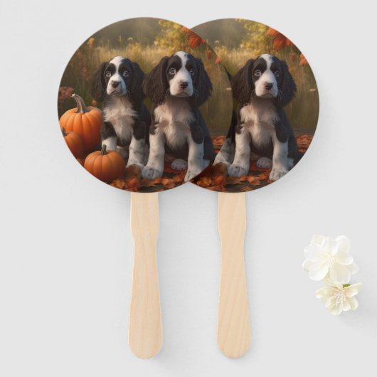 Springer Spaniel Puppy Herfstplezier Pompoen  Handwaaier (Voorkant en achterkant)