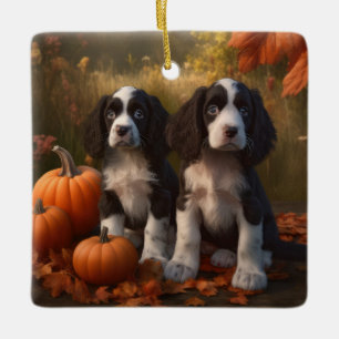 Springer Spaniel Puppy Herfstplezier Pompoen Keramisch Ornament