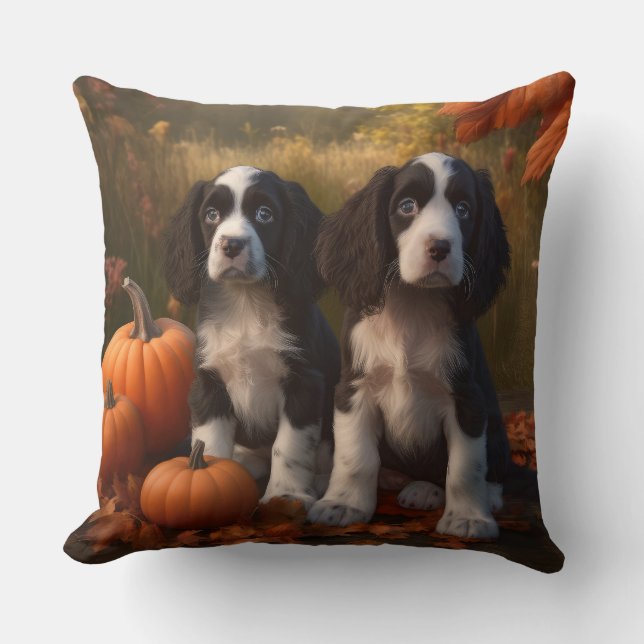 Springer Spaniel Puppy Herfstvreugde Pompoen Kussen (Voorkant)