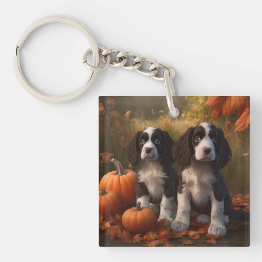 Springer Spaniel Puppy Herfstvreugde Pompoen Sleutelhanger (Voorkant)