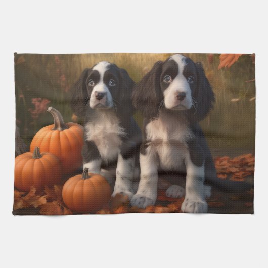 Springer Spaniel Puppy Herfstvreugde Pompoen Theedoek (Horizontaal)