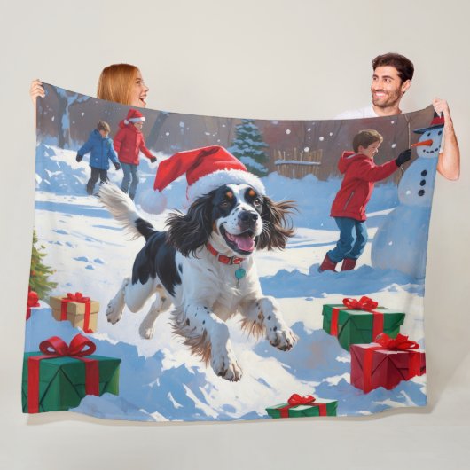 Springer Spaniel Rennende Sneeuw met Kerstmuts Fleece Deken (In situ)
