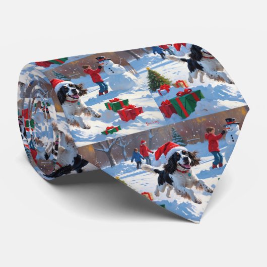 Springer Spaniel Rennende Sneeuw met Kerstmuts Stropdas (Opgerold)
