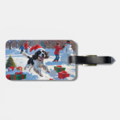 Springer Spaniel Rent Sneeuw met Kerstmuts Bagagelabel (Achterkant horizontaal)