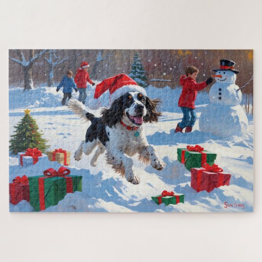 Springer Spaniel Rent Sneeuw met Kerstmuts Legpuzzel (Horizontaal)