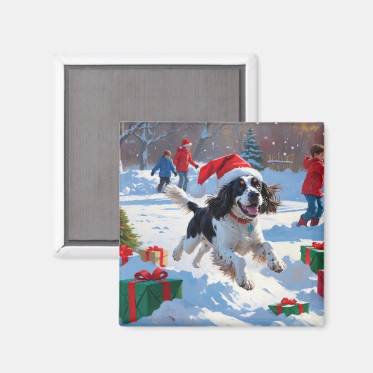 Springer Spaniel Rent Snow met Kerstmuts Magneet (Voorkant / Achterkant)